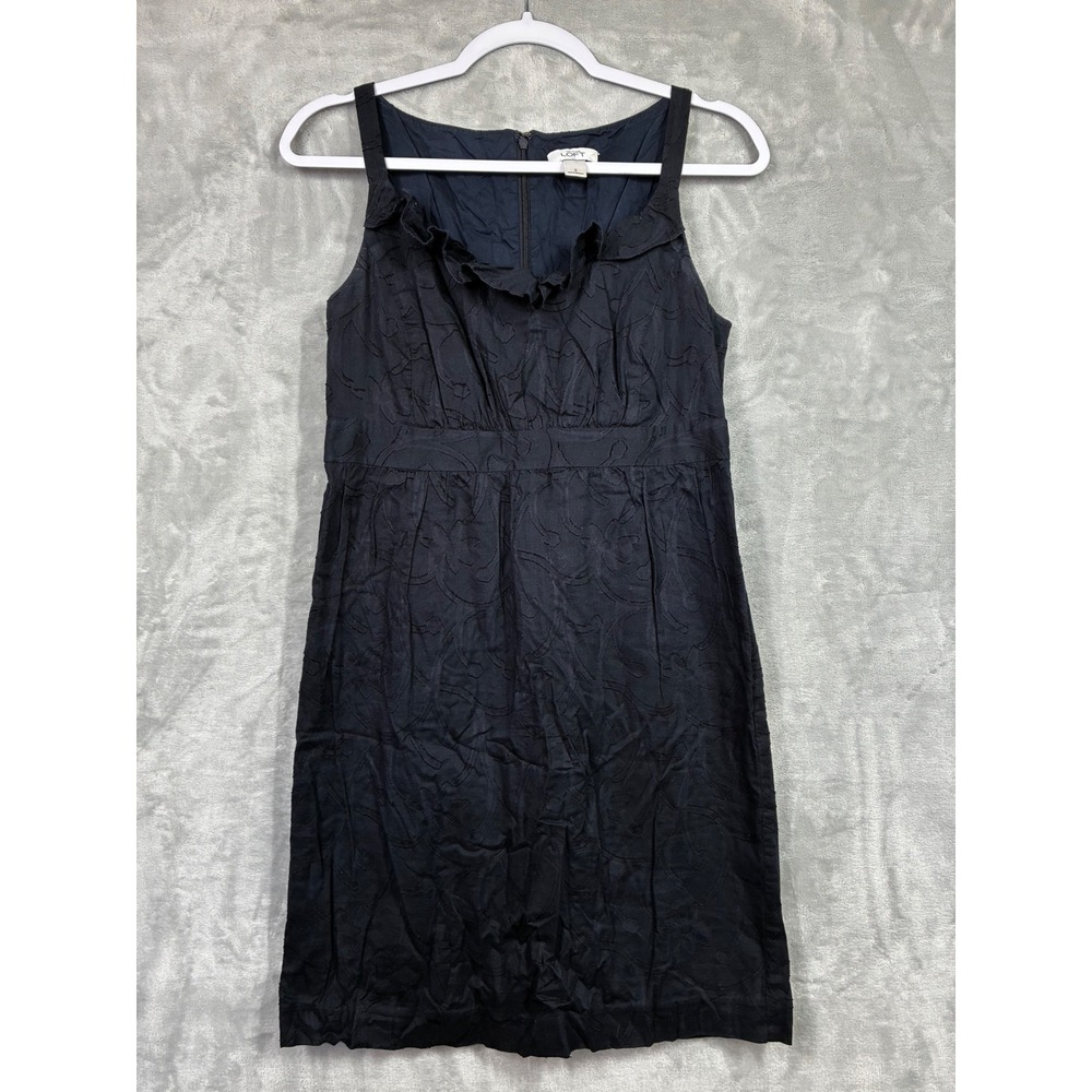 Ann Taylor LOFT Black Embroidered Ruffle Cotton Sleeveless Dress Size 2